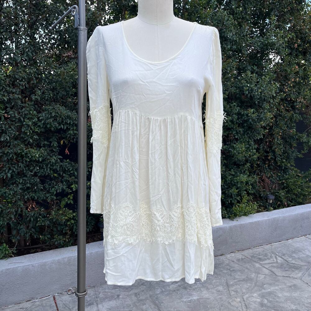 Ivory Lace Trim Long Sleeve Boho Babydoll